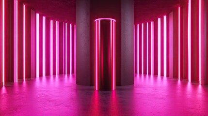 Poster - Neon Pink Light Tunnel with Abstract Pillar in Modern Studio Space