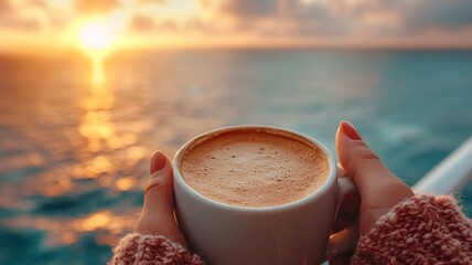 Poster - A person cradles a steaming cup of coffee, gazing at a breathtaking sunset reflecting on the ocean waves. The moment is peaceful and serene.