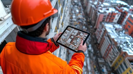 Poster - Construction worker utilizes tablet to overlay project details on urban building site