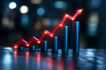 Poster - Red arrow rising above growing bar graph on dark background.