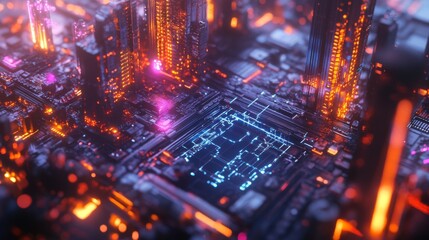 Poster - Futuristic Cityscape with Neon Lights and Circuit Patterns
