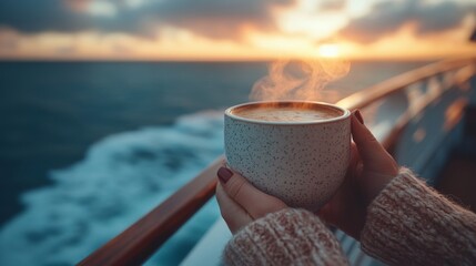 Poster - A person holds a warm cup of coffee, gazing at the beautiful sunset over the ocean, surrounded by gentle waves and a tranquil atmosphere.