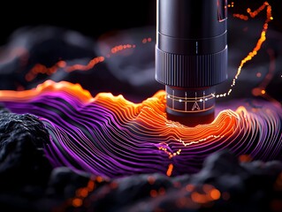 Poster - Seismograph Capturing the Vibrant Tectonic Movements of the Planet in Cinematic Photorealism  Retrofuturistic laboratory setting with pulsing data visualizations and geometric patterns