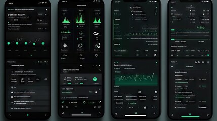 Poster - Dark Green App Interface Displaying Data Analytics and Metrics
