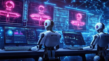 Poster - Futuristic Robots Analyzing Data in High-Tech Control Room Environment