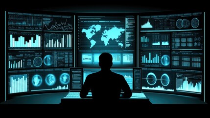 Poster - Futuristic Data Analysis Environment with Multiple Screens and Charts