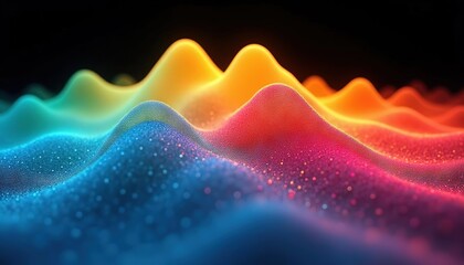 Poster - Abstract colorful wave pattern with textured peaks in a dark background, resembling a rainbow landscape