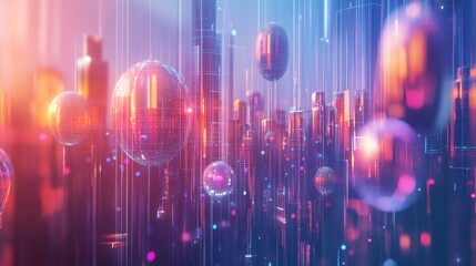 Fototapete - Futuristic Cityscape with Glowing Spheres and Digital Particles