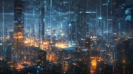 Aufkleber - Futuristic Cityscape with Neon Lights and Modern Skyscrapers