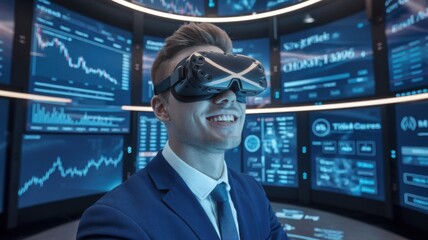 Poster - A man wearing VR goggles smiles in a high-tech data analysis environment.
