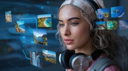 Poster - A woman with headphones engages with digital images, exploring virtual landscapes.