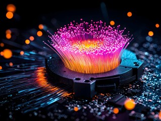 Poster - Breathtaking close up of shimmering iridescent fiber optic filaments on an inky black surface glimmering and refracting light in a hypnotic