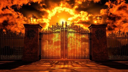 Wall Mural - Majestic Iron Gates with Dramatic Sunset and Fiery Clouds