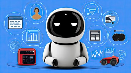 Poster - Friendly Robot with Digital Icons Representing Technology and Data