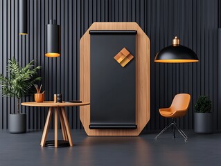 Poster - Sleek and modern promotional roll up banner showcased in a tidy professional studio setting with chiaroscuro lighting and a classical style