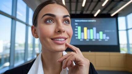 Poster - A professional woman contemplating data in a modern office setting with a presentation behind her.
