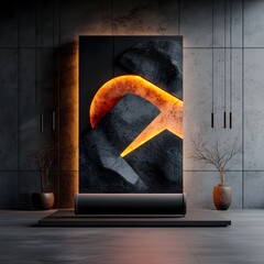 Poster - Solitary roll up stand positioned in a stark contemporary studio space with a bold geometric composition and dramatic chiaroscuro lighting creating a 3D graphic design inspired scene
