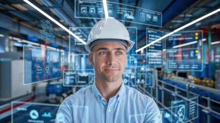 Poster - A professional in a hard hat surrounded by digital interface elements in an industrial setting.