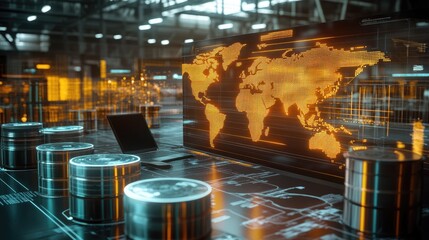 Poster - Digital World Map Display in High-Tech Warehouse Environment