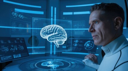 Poster - A futuristic scientist analyzes a holographic brain in a high-tech lab environment.