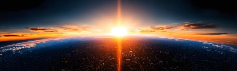 Wall Mural - sunrise over the planet earth concept with a bright sun and flare and city lights panoramic