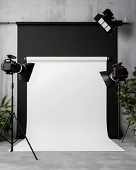 Poster - Minimalist 3D rendering of a clean contemporary photography studio backdrop featuring a solitary white roll up display stand with high contrast dramatic lighting
