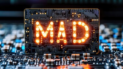 Poster - Illuminated Circuit Board with the Word MAD in Bright Letters
