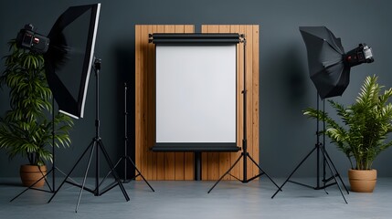 Poster - Blank minimalist roll up display backdrop in a clean simple and well lit professional photography studio setup  High key backlit lighting creates a modern elegant