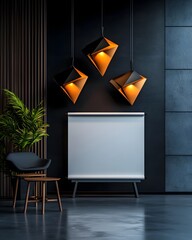 Poster - Minimalist studio scene featuring a blank roll up banner with dramatic lighting highlighting the refined angular shapes and sleek metallic surfaces of a modern 3D artwork