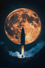 Wall Mural - full moon and spaceship science fiction background