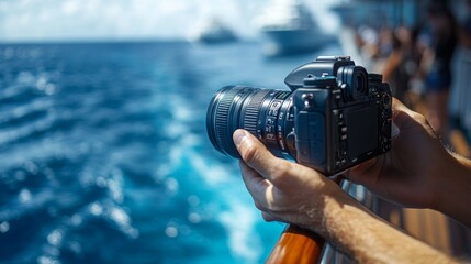 Poster - A traveler holds a DSLR camera, aiming to photograph stunning ocean scenery while cruising on a clear day. The water sparkles under the sunlight.
