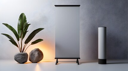 Poster - Empty roll up banner stand in a simple well lit studio setting with a minimalist clean design and softly diffused lighting creating a modern