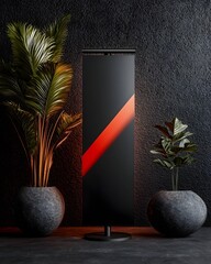 Poster - Solitary roll up banner stand in an austere dimly lit studio environment with an elegant pared down design featuring clean precise lines