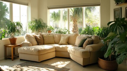 Poster - Sunlit living room with beige sectional sofa, potted plants, and large windows.