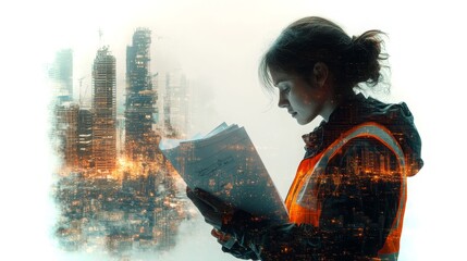Poster - Conceptual double exposure of a construction worker analyzing plans in an urban landscape