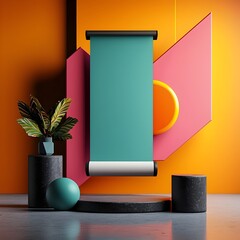 Poster - Minimalist and contemporary studio space featuring an empty roll up banner simple geometric shapes in muted tones architectural style high contrast lighting and a clean modern aesthetic