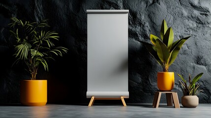 Poster - Dramatic minimalist studio setting featuring an empty roll up banner with stark shadows and highlights created by powerful chiaroscuro lighting showcasing a clean modern and digital design