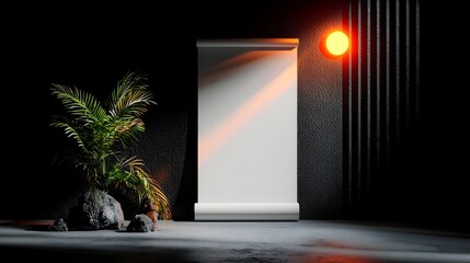 Poster - Dramatic and Minimalist 3D Digital Art Studio Setting Featuring an Empty Roll up Banner Stark Shadows Highlights and Chiaroscuro Lighting