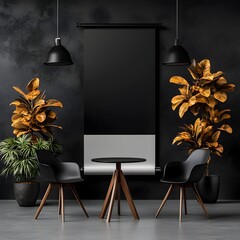Poster - Minimalist studio with an empty roll up banner carefully composed lighting stark white backdrop clean lines and forms 3D digital rendering  Ideal for product display branding advertising