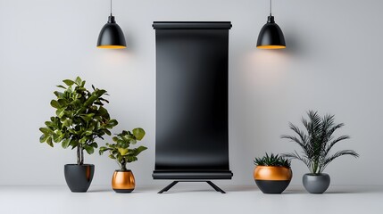 Poster - Minimalist and modern studio setting featuring an empty roll up banner with focused lighting and a clean white background creating a sleek and high detail 3D art impression