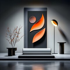 Poster - Dramatic minimalist studio setting featuring an empty roll up display with a sharp high contrast abstract 3D installation