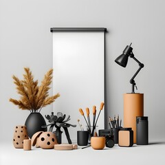 Poster - Meticulously Designed Minimalist Studio Scene with Empty Roll Up Banner Precise Lighting and Clean Geometric Forms on Stark White Backdrop   3D Digital Render