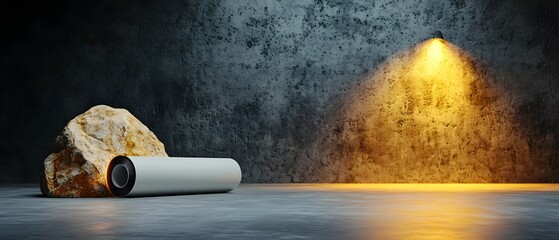 Poster - Dramatic minimalist studio scene featuring an empty roll up banner positioned against a monochromatic backdrop with bold directional lighting creating a cinematic moody atmosphere