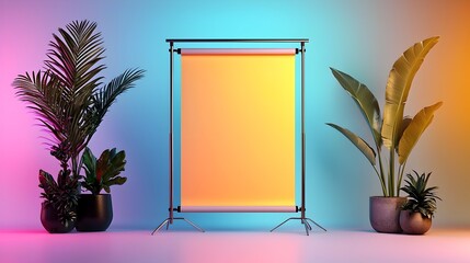 Poster - Dramatically Lit Empty Roll Up Stand in Minimalist Studio with Abstract Geometric Shapes   Clean Modern Design Sleek Metallic Frame High Contrast Lighting Industrial Chic 3D Concept