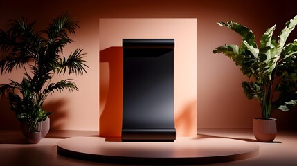 Poster - Empty sleek roll up stand in a minimalist studio setting with a dramatic moody lighting that casts stark shadows and highlights  The angular geometric composition and precise