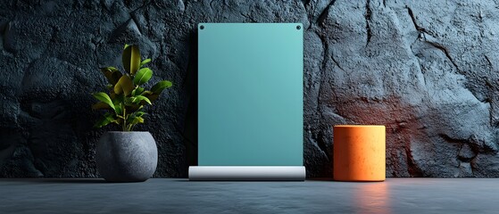 Poster - Sparse minimalist studio scene featuring an empty roll up banner dramatic directional lighting and a monochromatic color palette  The 3D rendered image has a cinematic mood and a clean
