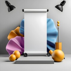 Poster - Minimalist studio setup with an empty roll up banner subtle lighting and shadows creating a cinematic and professional atmosphere for product display advertising or commercial photography