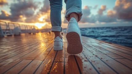Poster - As the sun sets on the horizon, an individual strolls barefoot on the ship's deck, enjoying the gentle breeze and soothing ocean sounds during an evening getaway.