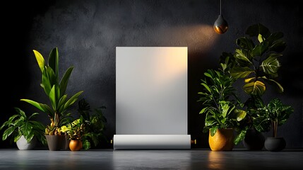 Poster - Dramatically Lit Minimalist Studio Empty Roll up Banner Stand with Sleek Modern Design Clean Lines Stark Shadows and Highlights Moody Cinematic Atmosphere and Futuristic Industrial inspired Aesthetic