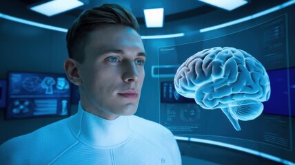 Poster - A futuristic scene featuring a man observing a holographic brain display in a tech environment.